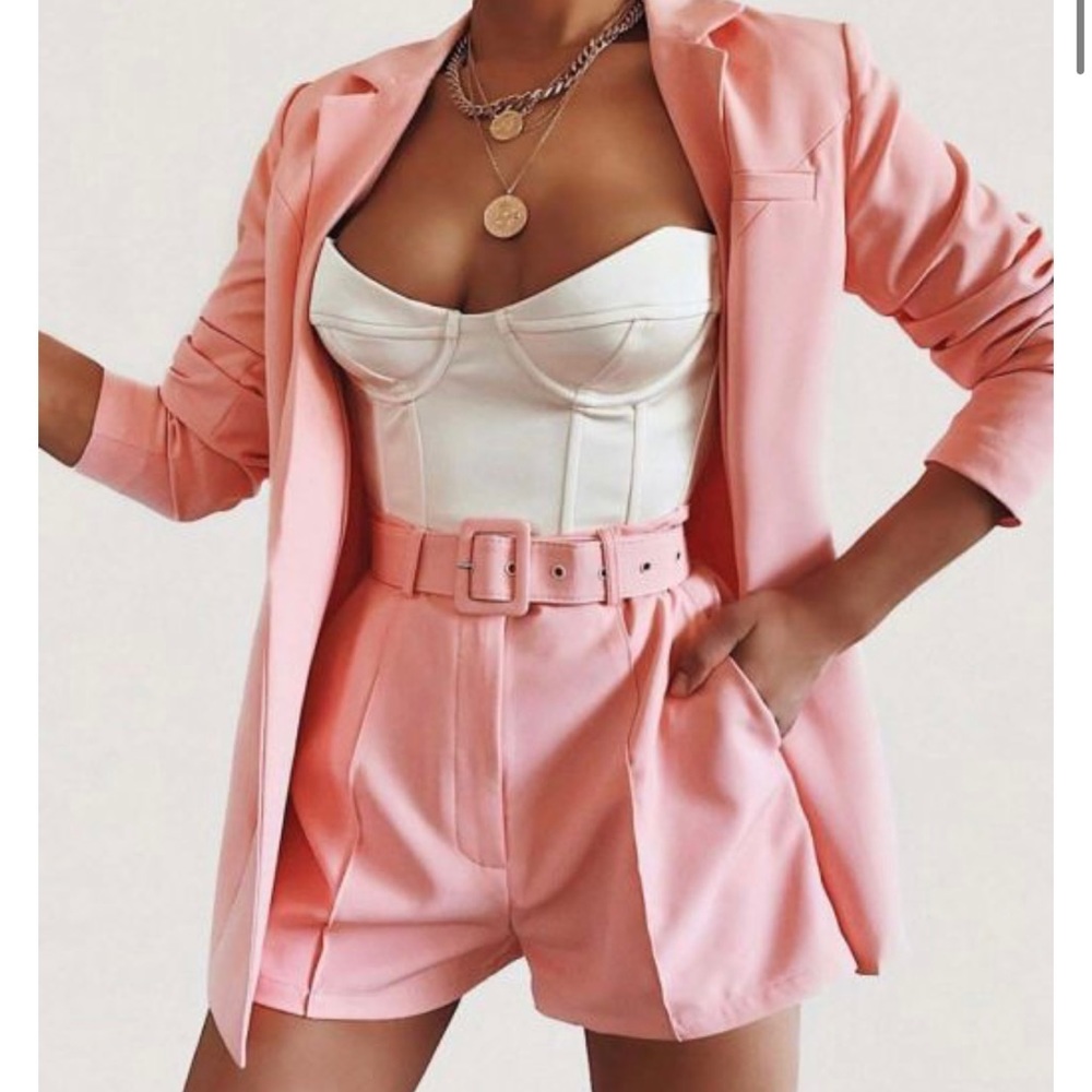 2 piece pink shirt and blazer set